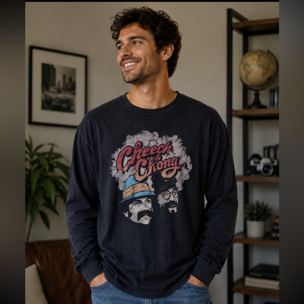Cheech & Chong Graphic Long Sleeve Tee - Black with Multicolor Print Size 2XL
